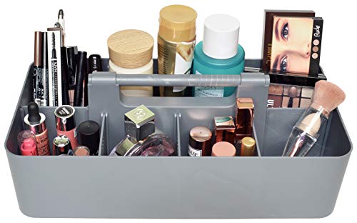 New Plastic Portable Makeup Organizer Caddy Tote Divided Basket Bin with Handle, for Bathroom Storage - Holds Blush Makeup Brushes, Made In USA (Orion Gray)