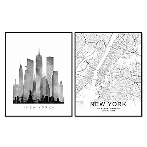 New York Skyline, New York Wall Art, New York Street Map, Watercolor Skyline Print, Building Wall Decor, Office Wall Art, New York Map Print, Set of 2 Prints, 11X14 Inch Unframed