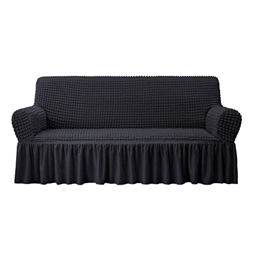 NICEEC Sofa Slipcover Black Sofa Cover 1 Piece Easy Fitted Sofa Couch Covers Universal High Stretch Durable Furniture Protector with Skirt Country Style (3 Seater Black)