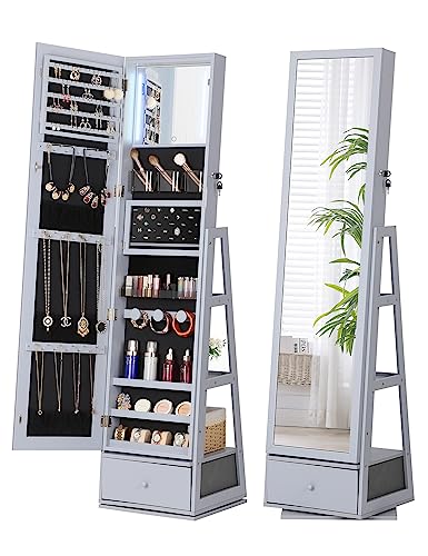 Nicetree 360° Swivel Jewelry Cabinet with Lights, Touch Screen Vanity Mirror, Rotatable Full Length Mirror with Jewelry Storage, Standing Jewelry Armoire Organizer, Foldable Makeup Shelf,Gray