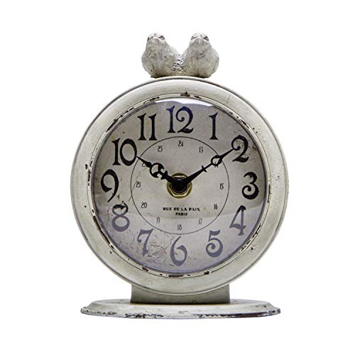 NIKKY HOME Shabby Chic Pewter Round Quartz Table Clock with 2 Birds - Distressed White