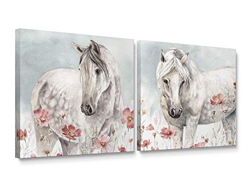 Niwo ART - Watercolor Horse and Flower, Horse Canvas Wall Art Home Decor,Stretched Ready to Hang