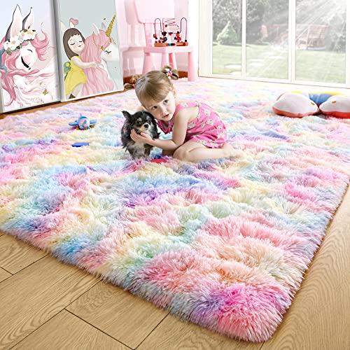 Noahas Fluffy Rainbow Rug for Girls Bedroom