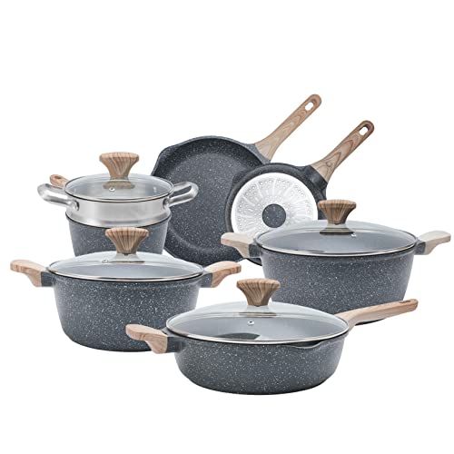 Nonstick Induction Cookware Sets - 11 Piece Cast Aluminum Pots and Pans with BAKELITE Handles with Glass Lids - Grey
