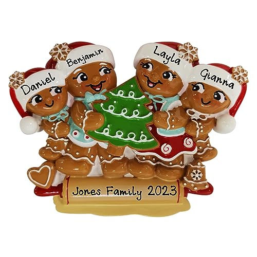 Nostalgic Gingerbread Family of 4 Personalized Christmas Tree Ornament