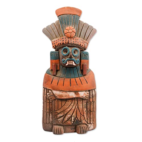 NOVICA Ceramic Sculpture Rustic of Tlaloc from Mexico Brown Blue Aztec 'Mighty Tlaloc'