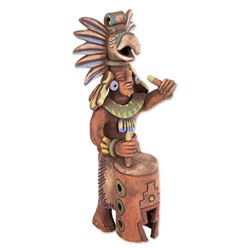 NOVICA Handmade Ceramic Sculpture Aztec Drummer from Mexican Archaeology Multicolor Mexico [13.5in H x 5in W x 4.7in D] 'Aztec Huehuetl Drummer'
