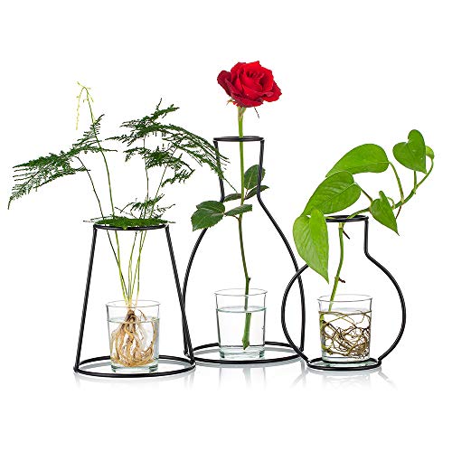 Nuptio Set of 3 Creative Desktop Planter Set with Glass Cup Vases Iron Metal Stand for Water Planting Flower Arrangement Decoration Gift for Home Wedding Centerpieces Décor