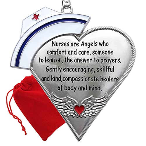 Nurse Heart Shaped Ornament - Engraved Silver Metal with Hand Painted Enamel Nurses Hat & Heart with Angel Wings