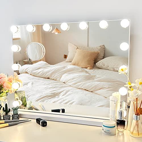 Fenchilin 23''x19'' Hollywood Vanity Mirror with Lights Bluetooth Tabletop  Wall Mount Metal White