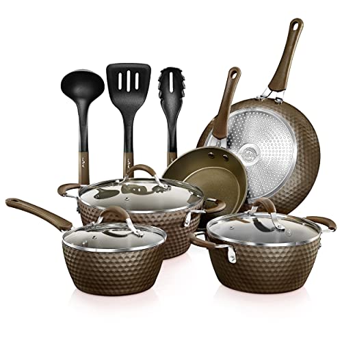 NutriChef 11-Piece Nonstick Kitchen Cookware Set - PTFE/PFOA/PFOS-Free Heat Resistant Kitchen Ware Pots Pan Set Coffee Ceramic Coating - Saucepot, Pans, Cooking Pot Oven Pot, Lid, Utensil NCCW11COF