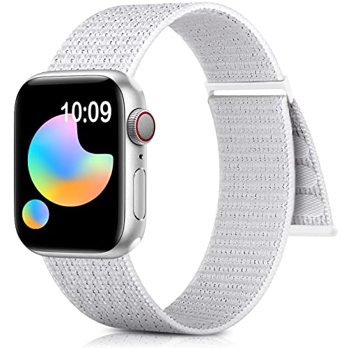 Nylon Sport Loop Bands for Apple Watch Band 38mm 40mm 41mm 42mm 44mm 45mm, White Adjustable Stretchy Elastic Braided Strap Wristband Replacement for iWatch Series 8 7 6 SE 5 4 3 2 1 Women/Men