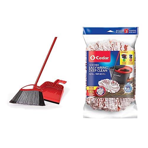 O-Cedar Pet Pro Broom & Step-On Dustpan PowerCorner, Red & EasyWring Deep Clean Refill (1-Pack) | 40% More Cleaning Power