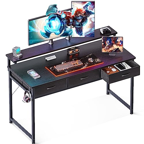 ODK 55 inch Gaming Desk with Drawers, Computer Desk with Adjustable Monitor Stand, Modern Work Study Writing Table Desk, Black