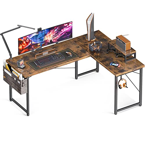ODK 59" Computer Corner and Gaming Desk for Home Office Writing, Space-Saving, Modern Simple Wooden Workstation Desk with Monitor Shelf, Easy to Assemble, Vintage, L Shaped