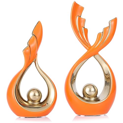 oliruim Orange and Gold Decorative Sculpture Modern Art Abstract Ceramic Statue Set of 2, Orange Centerpiece for Mid Century Home Decor, Bookshelf, Shelf, Fireplace, Desk Decor (A-Orange)