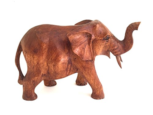 OMA Elephant Statue Solid Wood Hand Carved Lucky Trunk Up Elephant Figurine Home Decor (Medium)