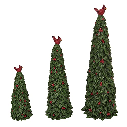 One Holiday Way 12-Inch Set of 3 Cardinal Topped Holly and Berry Christmas Tree Figurines