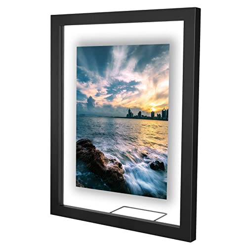 ONE WALL 11x14 Inch Floating Frame, Black Wood Double Glass Float Picture Frame