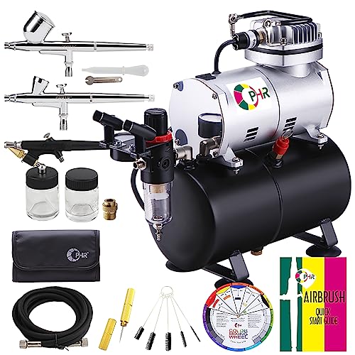 OPHIR 110V Pro Airbrush Kit Air Brush Compressor with Tank 0.2mm 0.3mm 0.8mm Airbrushes & Cleaning Kit for Model Hobby Painting Body Tattoo Airbrush Set,Color Wheel Gift