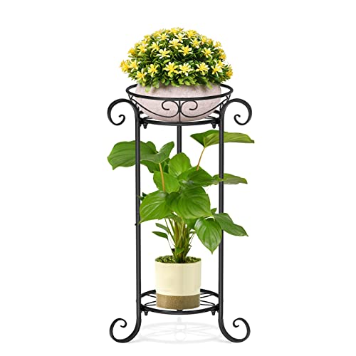 Oppro 2 Tier Metal Plants Stand Indoor Outdoor, 28” Tall Round Wrought Iron Heavy Duty Flower Shelf, Plant Holders for Corner Patio Garden Balcony Living Room (Black)