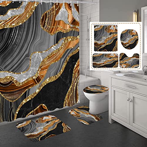 Orange Marble Shower Curtain Sets with Rugs 4 Pcs