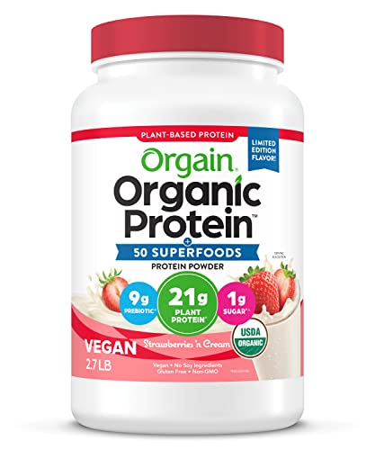 Orgain Organic Vegan Protein Powder + 50 Superfoods, Strawberries and Cream - 21g Plant Based Protein, Gluten Free, Dairy Free, Lactose Free, Soy Free, No Sugar Added, Kosher, With B Vitamins - 2.7lb