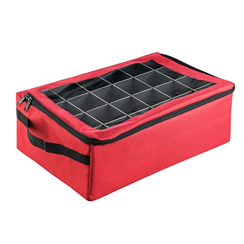 Ornament Storage Box-Red Holiday Organizer-48 Compartments, 2 Trays & Dividers-For Christmas Bulbs & Decorations-Zippered Window Lid by Tiny Tim Totes