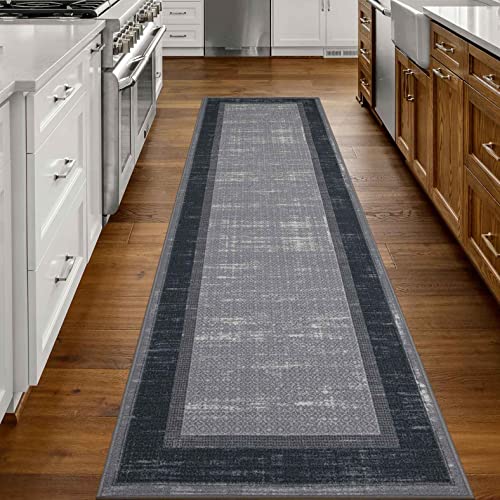 Ottomanson Ottohome Collection Non-Slip Rubberback Bordered Design 3x10 Indoor Runner Rug, 2'7" x 9'10", Gray/Black