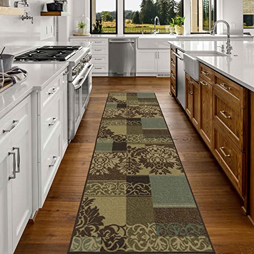 Ottomanson Ottohome Collection Non-Slip Rubberback Damask Design 3x10 Indoor Runner Rug, 2'7" x 9'10", Brown/Green