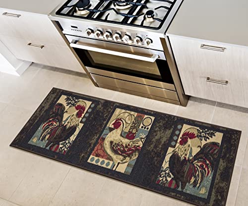 Ottomanson Siesta Kitchen Collection Non-Slip Rubberback Rooster Design 2x5 Kitchen Runner Rug, 20" x 59", Black Rooster