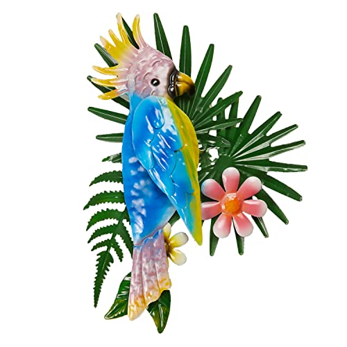 Outdoor Hanging Parrot Wall Decor - Metal Blue Tropical Birds Wall Decor Garden Art Sculpture Outdoor Decoration for Patio Wall Fence Tree Living Room Bedroom Kitchen Decor Craft Ornaments Gift