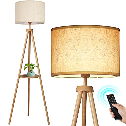OUTON Wood Tripod Floor Lamp with Shelves