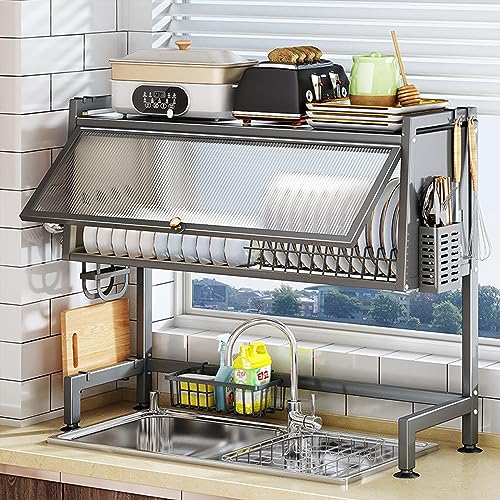 LOYALHEARTDY Over Sink Dish Drying Rack with Cover, 2 Tier Large Storage  Kitchen Sink Organize Stand Shelf Space Saver Metal Dish Drying Rack for