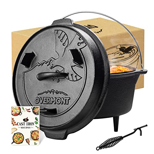 Overmont Camp Dutch Oven Pre Seasoned Cast Iron Lid Also a Skillet Casserole Pot with Lid Lifter for Camping Cooking BBQ Baking 6QT(Pot+Lid)