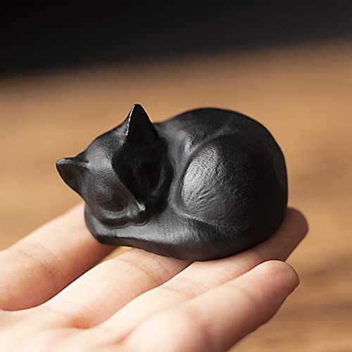 OwMell 2" Natural Black Obsidian Sleeping Cat Statue Hand-Carved Healing Stone Gemstone Kitten Statue Figurine