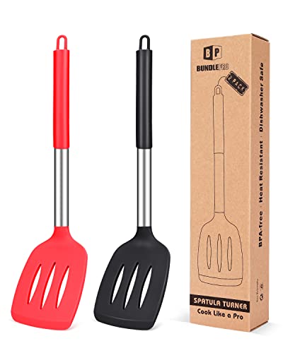 Pack of 2 Silicone Slotted Spatula, Non Stick Kitchen Turners, High Heat Resistant BPA Free Kitchen Utensils, Ideal Cookware for Fring Fish, Eggs, Meat,French Fries (Black-Red)