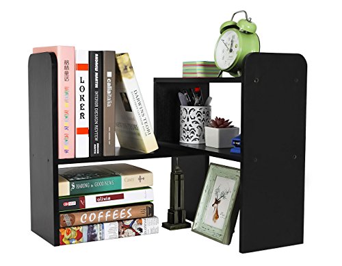 PAG Desktop Shelf Adjustable Wood Small Bookshelf Office Supplies Desk Organizer and Accessories Display Rack, Black