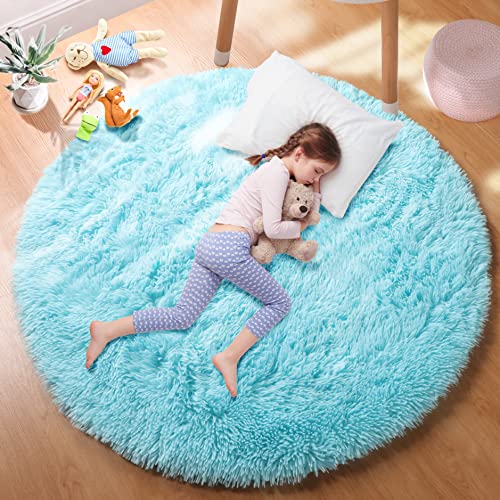 PAGISOFE Round Area Rug,5'X5',Fluffy Rugs for Bedroom Living Room,Furry Rugs for Girls Room,Fuzzy Rugs for Nursery,Circle Rugs for Kids Room,Shag Carpet Rugs for Playroom,Cute Rugs for Baby,Light Blue