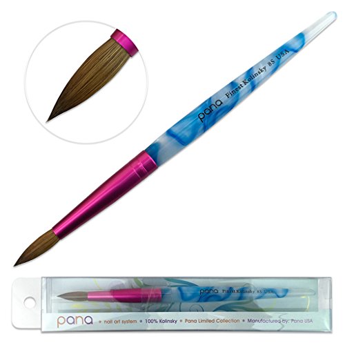 PANA USA Acrylic Nail Brush Pure Kolinsky Hair Acrylic White Swirl Blue Handle with Pink Ferrule Round Shaped - Size 8