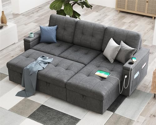 PaPaJet 84 inch Sleeper Sofa Bed, Tufted Pull Out Sofa Bed with 2 USB Ports & Cup Holders, L Shape Sectional Sofa Bed with Storage Chaise- Dark Grey