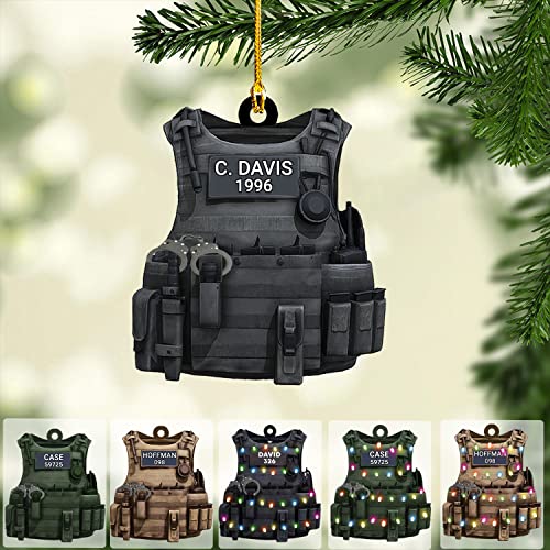 Parvii Personalized Name Police Ornaments Police Gifts Police Christmas Ornament Police Vest Bullet Proof Flat Hanging Printed Plastic Custom Police Ornament Decorations (Black Vest) (All Police Vest)