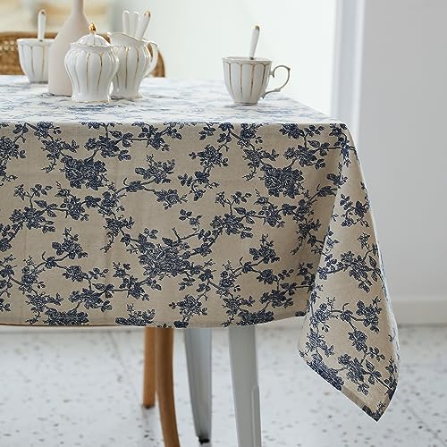 Pastoral Rectangle Tablecloth - 60 x 102 Inch - Linen Fabric Table Cloth - Washable Table Cover with Dust-Proof Wrinkle Resistant for Restaurant, Picnic, Indoor and Outdoor Dining, Floral (Dark Blue)