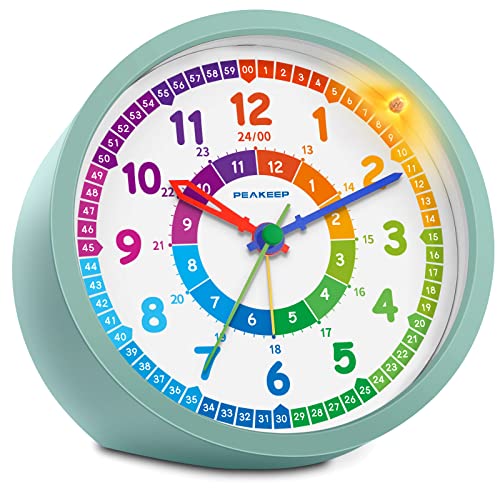 Peakeep Analog Alarm Clock for Kids Learning to Tell Time, Battery Operated for Teenagers Boys Girls Bedrooms (Aqua)