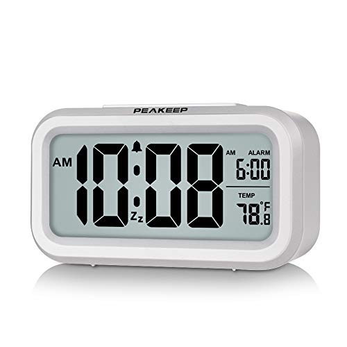 Peakeep Smart Night Light Digital Alarm Clock with Indoor Temperature, Battery Operated Desk Small Clock (White)