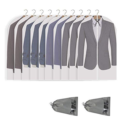 Perber Hanging Garment Bag Lightweight Full Zipper Suit Bags (Set of 10) Clear Garment Bags, PEVA Garment Covers for Closet Clothes Storage -24'' x 40''/10 Pack