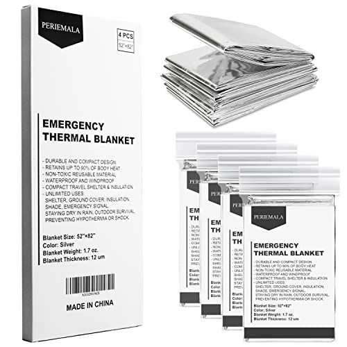PERIEMALA Emergency Blankets for Survival Gear (Pack of 4), Camping Blanket, Emergency Blanket, Thermal Blanket, Mylar Space Blanket, Survival Blanket, First Aid Supplies, Outdoors