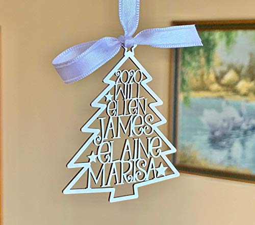 Personalized Christmas 2023 Tree Ornaments, Custom Family Laser Cut Names, Stainless Steel Holiday Gift, Home Xmas Decorations, Silver Hanging Handmade Tree, Kids Names, 2024 Happy New Year (Design 1)