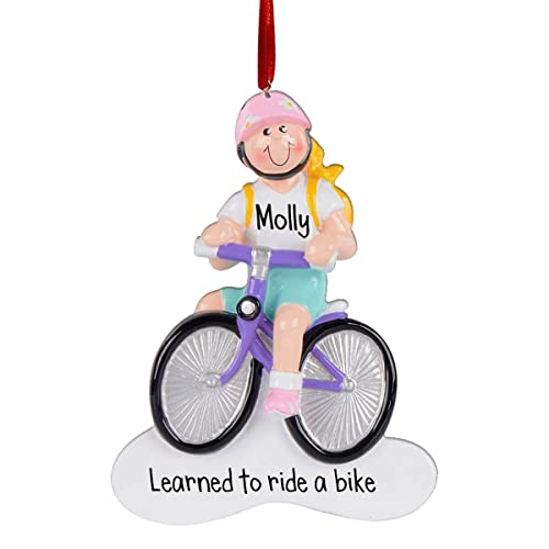 Personalized Girl on Purple Bike - Blonde Hair Christmas Ornament - Learning to Ride a Bicycle - No More Training Wheels - Free Personalization
