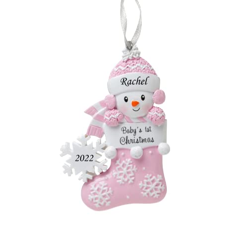 Personalized Ornament Baby's First Christmas Baby Girl Snowbaby in Stocking with Snowflake Christmas Tree Ornament